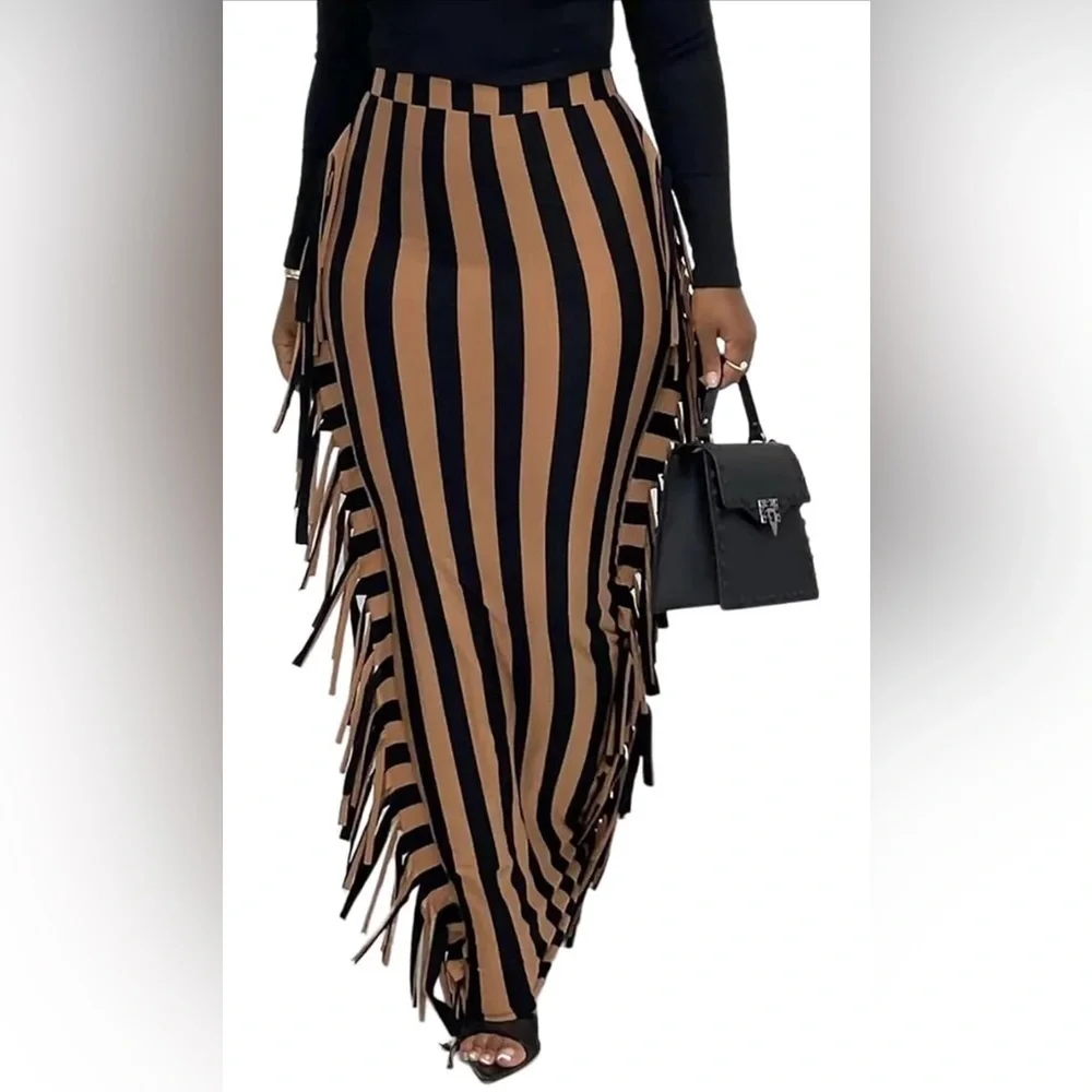Fringe Maxi Pencil High Waist Bodycon Striped Tassel Skirt Black Brown, Small
